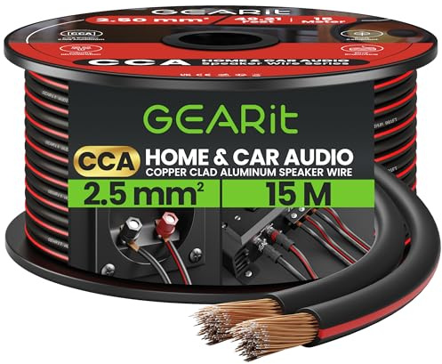 GEARit 2x2.5mm² Speaker Cable 15M, 14AWG Twin Core Speaker Wire with Polarity Markings, Flexible CCA Copper Clad Aluminum Audio Cable for In-Wall Home Home Cinema, HiFi & Car Stereo - Black