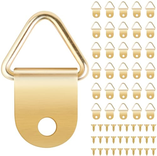 Caianwin 30 ganchos triangulares de anillo en D con tornillos, ganchos pequeños de acero para colgar cuadros, relojes, pinturas y marcos de fotos (dorado)