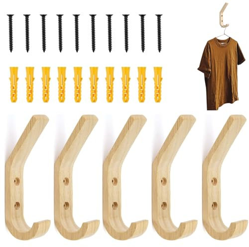 VireEyU Juego de 5 Ganchos de Ropa Vintage de Madera, Percheros Individuales, Multiusos para Oficina, Estudio y Sala de Estar, Bonitos y Estructurados