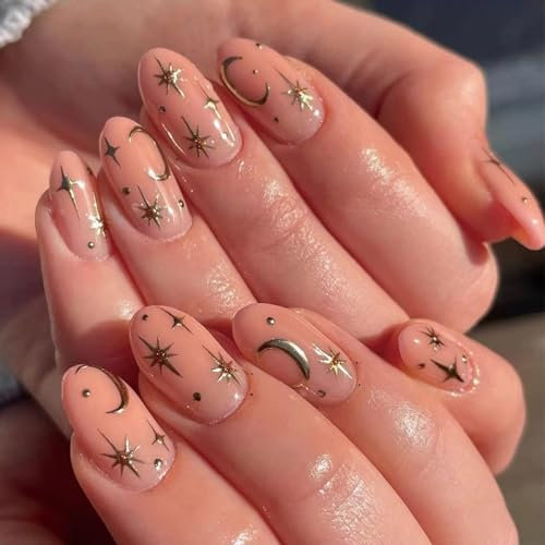 24pcs Short Oval False Nails Gold Moon Star Press on Nails Nude Pink Fake Nails Stick on Nails Removable Glue-on Nails Fake Nails Women Girls Nail Art Accessories