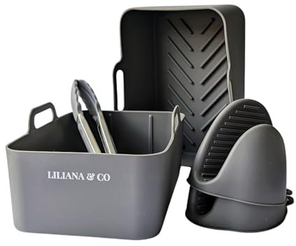 Liliana&Co Silicone Air Fryer Liners Set with Gloves and Tongs | Premium Reusable Accessories Set Compatible Dual Air Fryer | 2PCS Baskets, 2PCS Gloves and Tongs | Grease Proof | Non-Stick
