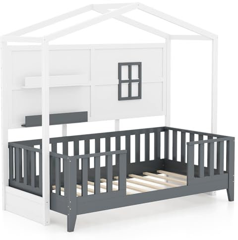 COSTWAY Kids House Bed Frame, Solid Wood Single Floor Beds with 2 Shelves and Guardrails, House-Shaped Toddler Bed for Boys Girls, No Box Spring Needed
