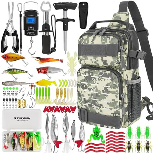 THKFISH Kit de Herramientas de Pesca de 85 Piezas, Mochila de Pesca con Cajas de Aparejos Incluidas, Kit de Aparejos de Pesca Que Incluye Kit de Equipo de señuelo de Cebo de Pesca, alicates de Pesca,