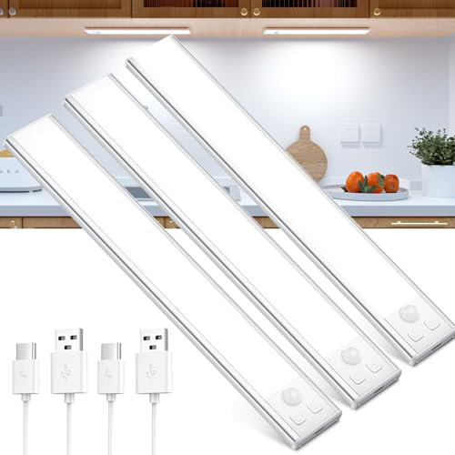 OUILA Unterbauleuchte Küche LED Schrankbeleuchtung mit Bewegungsmelder USB-C wiederaufladbar LED-Licht Dimmbar kabellos Nachtlicht für Küche Kleiderschrank Schrank 20.5CM 3 Stück