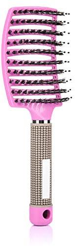 Haarbürste ohne Ziepen, Extensions Bürste mit Aufhängeloch Damen, Haarbürste Wildschweinborsten für trockenes/nasses/lockiges/glattes Haare, Pink