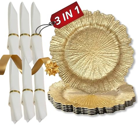 LEMLEC - Elegante set da pranzo da 18 pezzi – Piatti in plastica Gold Reef da 33 cm, tovaglioli in poliestere bianco e portatovaglioli in metallo dorato – Decorazione da tavolo per matrimoni, feste e