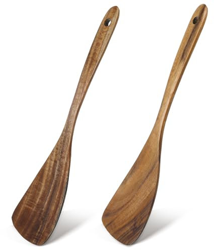 Yuanchu 2Pcs Wooden Spatula Set, Long Handle Wooden Turners 12.6 Inches Teak Frying Spatula for Cooking Small Cooking Utensils Wood Flipper for Kitchen Non-Stick Cookware