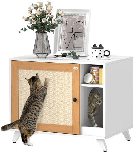 PawHut Mueble Arenero para Gatos Caja de Arena para Gatos con Puerta con Almohadilla para Rascar y Compartimento Arenero para Gatos para Salón Dormitorio 77x50x63 cm Blanco