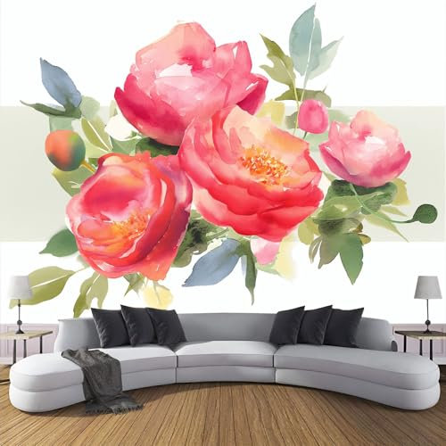 Tapete Fototapete 3D Blumen - Seidenstoff Tapeten Wandtapete 350X256Cm, Rote Pfingstrose, Rosa Rose Wanddeko Design Wand Dekoration Tapete Wohnzimmer Schlafzimmer Büro Flur