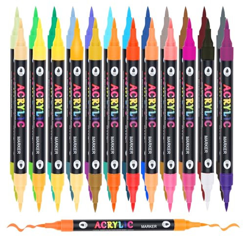 24 Acrylic Paint Pens with 48 Colours Brush Tip for Rock Painting Fabric Glass Stone Ceramic Wood Metal, Dual Tip Acrylic Markers for Adults, Paint Markers for Easter Egg Pumpkins Graffiti