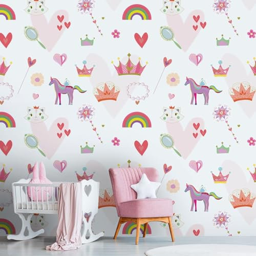 Photo Wallpaper Profhome 391931-GU hot Embossed Non-Woven Wallpaper Smooth with Pattern for Kids matt Pink White Fuchsia Yellow 1.59 m x 2.8 m