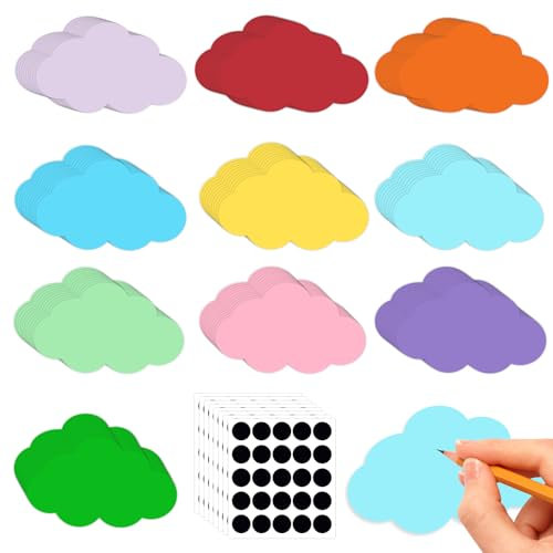 100 Stück Moderationskarten Wolken, 10 Farben Moderationskarten Set Metaplankarten Präsentationskarten mit 120 Selbstklebenden Klettband für Notizen Büro Schule Präsentation Vortrag (23 x 14cm)