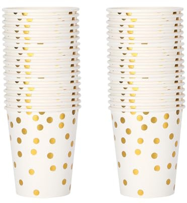 FSSTUD 50 Pcs 9 oz Polka Dot Party Cup Wedding Shower Drinking Cup Graduation Anniversary Paper Cups Holiday Hot Beverage Cups Cute Picnic Drinkware for Party Supplies White Golden