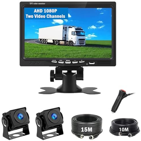 Car Reversing Camera Kit, 7 Inch HD Dash Monitor with 2 Reverse Camera, Rear View System 12V-24V, Waterproof Night Vision Rear Parking Camera for Van Trailer Motorhome Caravan Camper