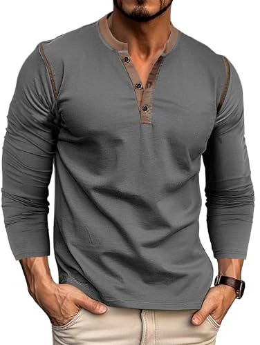 Mens V Neck Henley T Shirt Long Sleeve Collarless Grandad Shirts Dark Grey T Shirt 2XL