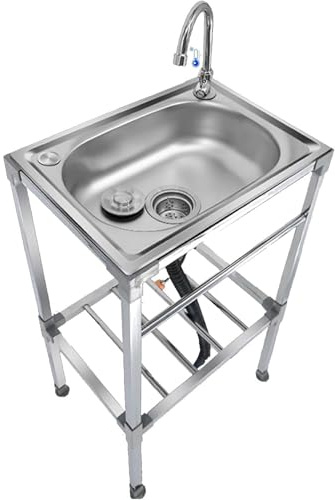 Lavello in Cucina Acciaio Inox Autoportante 1 Vasca Interno | Esterno Vasca singola Lavandino Commerciale con Supporto e Rubinetto,per Lavanderia/Ristorante/Campeggio/Giardino/Garage