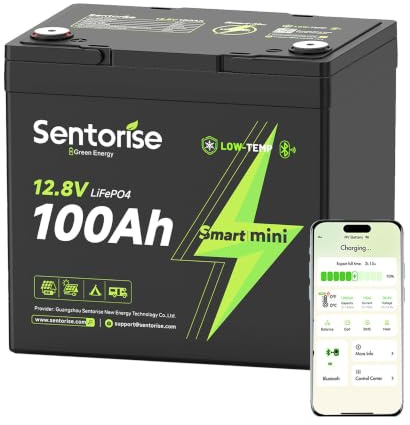 SENTORISE Mini 12V 100Ah LiFePO4 Battery Compact Deep Cycle Battery with Bluetooth, Low-Temp Protection, 100A BMS Perfect for Marine, RV, Trolling Motor, Golf Cart, Off‑Grid