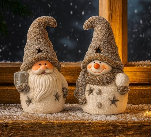 Weihnachtsfiguren Nikolaus & Schneemann aus Keramik – 15 cm – Winterdeko, Festliche Tischdekoration, Fensterbank & Geschenkidee