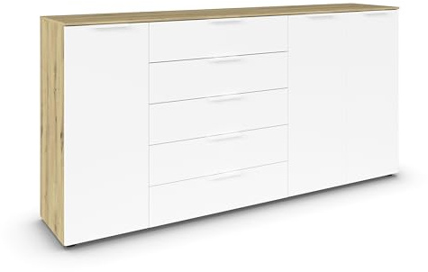 Rauch Möbel Flipp, Kommode, Farbe Weiß/Eiche Artisan, Breite 199 cm | Sideboard, 3-türig, 5 Schubladen, Soft-Close-Funktion, für Schlafzimmer, Gästezimmer, Wohnzimmer, Garderobe, Flur