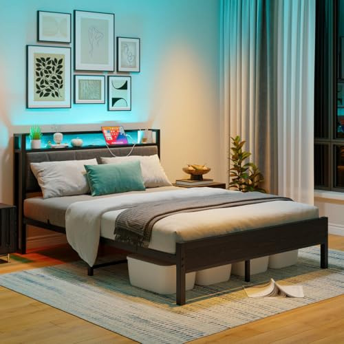 BORPHOM Bett 120x200 mit Lattenrost,Metallbett Bettgestell Polsterbett Jugendbett 120x200 aus Metall mit LED Beleuchtung und Ladestation,Bettrahmen Einzelbett Doppelbett mit Kopfteil & Stauraum