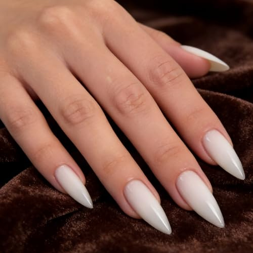 24 Stück Nägel Zum Aufkleben Lang Stiletto - Einfarbige Milchig Weiß Fake Nails, glänzend press on nail, Full Cover Künstliche Nägel - Elegante Fingernägel Zum Aufkleben für Frauen DIY Nail Art