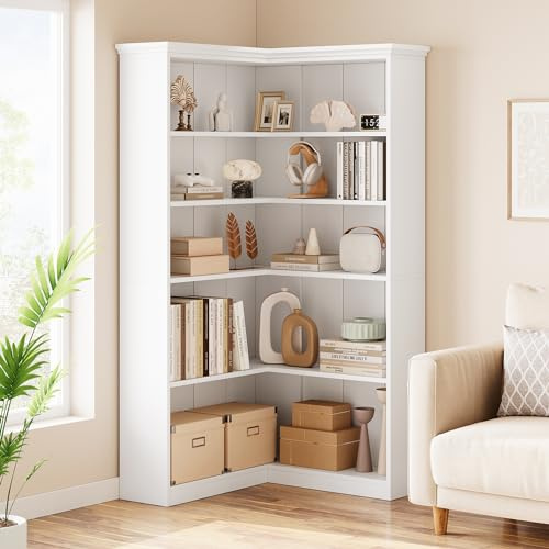 Thaookte 185 cm Eckregal Stehend Bücherregal Eckbücherregal Mit 5 Ebenen, l-Förmiger Eckschrank Hochschrank Bücherschrank Eckvitrine Für Arbeitszimmer Wohnzimmer Küche, Einfach Zu Montieren, weiß