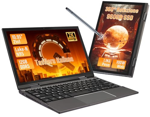 LONGEVINCE Mini tablet laptop 2-in-1 da 10,95 con touchscreen,rotazione a 360°PC portatile,Celeron N95, 2000x1200,12GB DDR5, layout tastiera italiana,BT5.0 Win11pro,notebook(Grigio, 12+960G SSD)