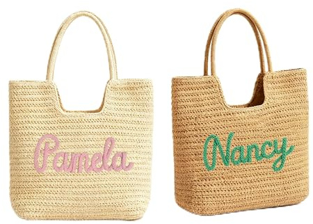 Sac de Plage en Paille Tressée Personnalisable pour Femme - Sac à Main d'Été en Corde de Coton avec Fermeture Éclair, Grand Sac de Plage pour Vacances, Voyage, Shopping - Cadeau pour Amis, Maman
