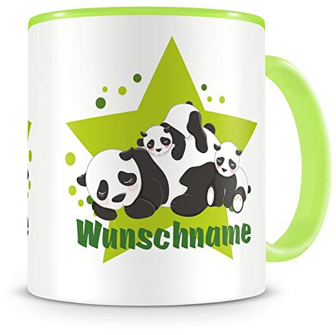 Samunshi® Kindertasse mit Namen Tasse Kuschelnde Panda Bären Personalisierte Tasse mit Namen Kinder Kinderbecher mit Namen Kindergarten grün 300ml