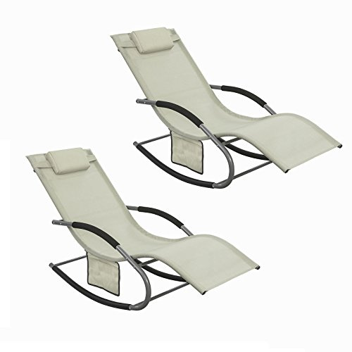 SoBuy Set of 2 Sun Lounger Garden Chair Recliner with Cushioned Pillow & Side Pocket Garden Rocking Chair with Steel Frame Outdoor Furniture Beige OGS28-MIx2