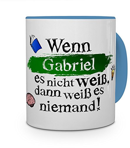 printplanet Tasse mit Namen Gabriel - Layout: Wenn Gabriel es Nicht weiß, dann weiß es niemand - Namenstasse, Kaffeebecher, Mug, Becher, Kaffee-Tasse - Farbe Hellblau