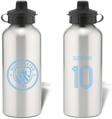 Personalised 'Retro Shirt' design Sports Water Bottle for Manchester City FC fans - 600ml Silver Aluminium Bottle