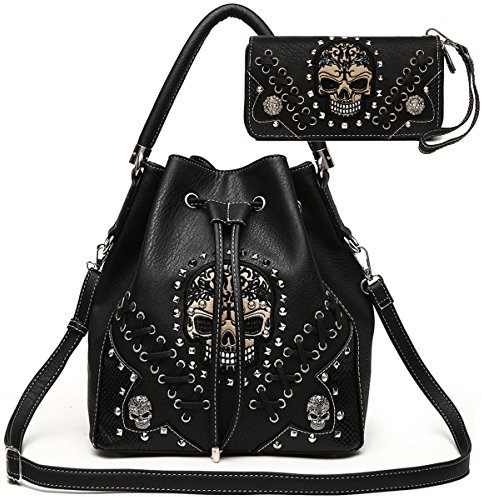 Punk Gothic Rock Metallic Totenkopf Nieten Skelett Geldbörse Sugar Skull Frauen Handtasche Mode Schultertasche Geldbörse Set, Schwarzes Set, Large