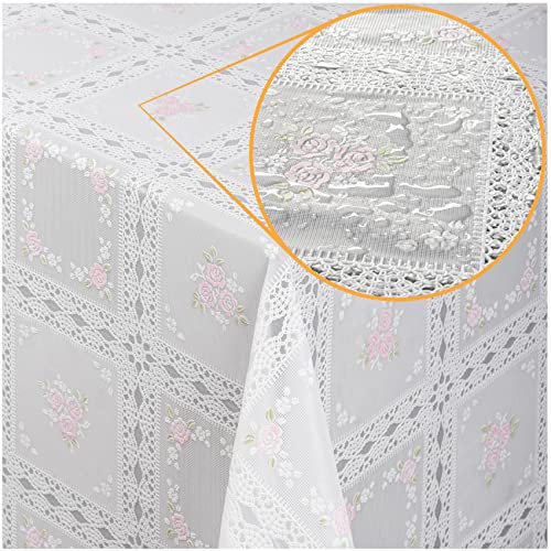 ANRO Tischdecke Lace Vinyl Wachstuch Häkel Spitze Optik Wasserfest Blumen Karo Rosa/Weiß 1000x138cm (10m)