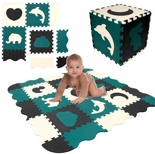 Humbi Puzzlematte Eva Schaumstoff für Babys und Kinder Spielmatte Fitnessmatte Schutzmatte Poolmatte 31,5 x 31,5 x 1 cm 34 Teile Tiere Farbe schwarz Creme dunkelgrün