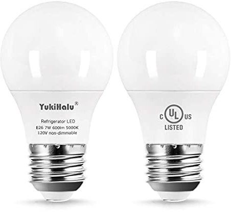 YukiHalu LED Refrigerator Light Bulb 60W Equivalent A15 Appliance Fridge Bulbs, Waterproof 600 Lumen 7W 120V Daylight 5000K E26 Medium Base, Small Size Bulb for Damp Location, Not-Dim, 2-Pack