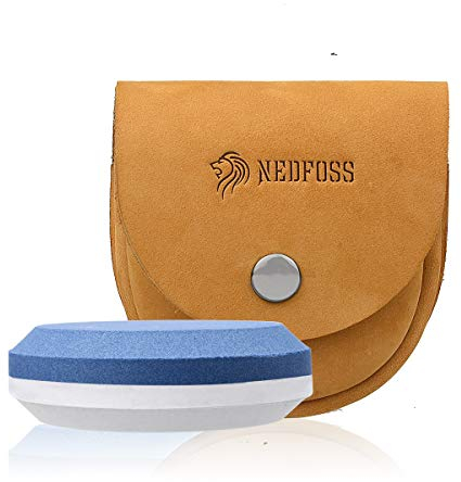 NedFoss Axe Sharpener Tool with Leather Sheath, Sharpening Puck Whetstone Hatchet & Tool Sharpening Stone, Dual Grit Multi-Purpose Sharpener (E-Blue)