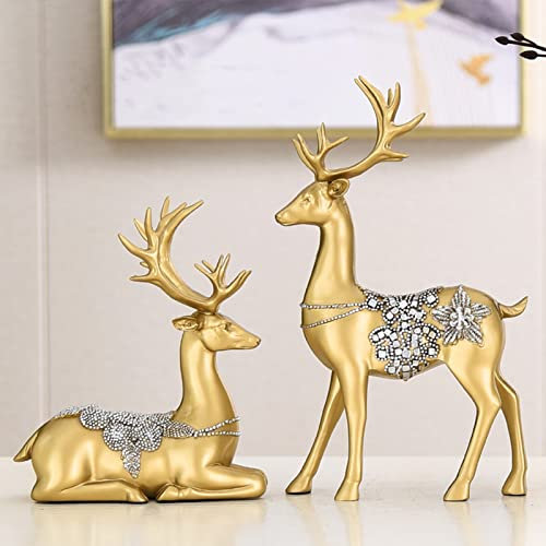 Deko Figuren Elch Figure 2 Stück Groß 31cm Figuren Kunstharz Hirsch, Geliebt Statuen Ornamente Harz Statue, Resin Sculptures Collectible für Weihnachten, Dekofiguren für Liebhaber (Gold)
