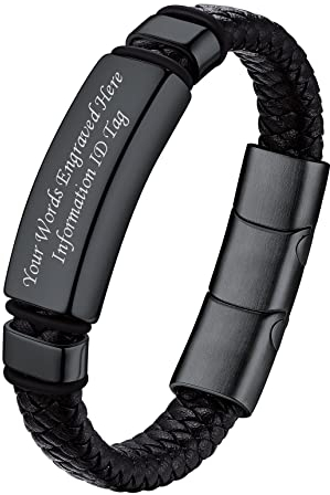 Bestyle Männer Armband mit Gravur Premium Lederarmband 21cm Armbänder mit Magnetverschluss geflochten Echtleder Armkette Armschmuck Accessoire, Schwarz