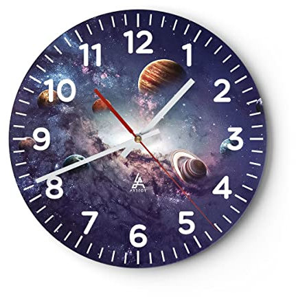 Modern Wanduhr Kosmos Planeten die Sterne 30x30cm Rund Klein Wand Uhr Glas Analog Zimmeruhren Küche Büro Wohnzimmer Glasuhr Wall Clock Dekoration Design Wanddekoration Küchenuhr C4AR30x30-4851