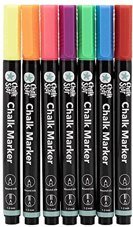 SECURIT Chalkstar - Pack of 7 Colored Liquid Chalk Markers for Blackboard, Chalkboard, Window, or Glass - Round 1-2 mm Nibs - Ideal Chalk Pens for Signs and Advertisements