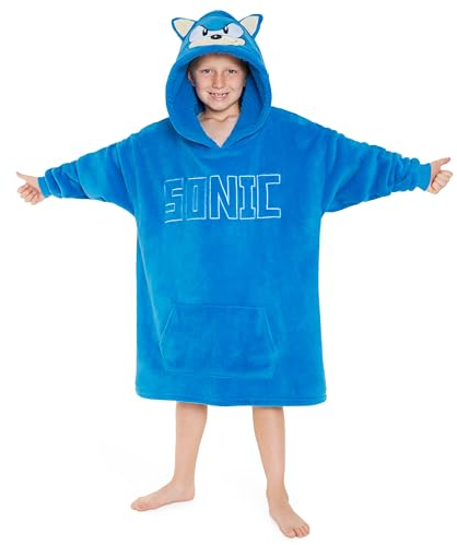 Sonic The Hedgehog Felpa Bambino - Felpa Oversize Coperta con Maniche e con Cappuccio in Pile Taglia Unica Regali per Gamer (Blu 3D)