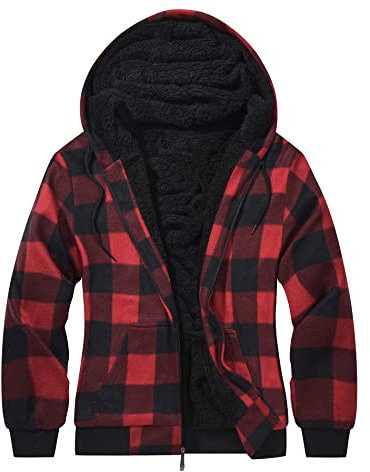 geeksport Fleecejacke Herren Sweatjacke Männer mit Kapuze Warme Kapuzenjacke Gefüttert Winterjacke Kariertes Hoodie mit ReißVerschluss, 0569-Rot 3XL
