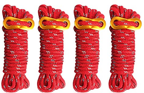 4pcs 4mm Corde réfléchissante Corde de Tente avec tendeur de réglage en Aluminium pour Tente de Camping, randonnée, Camping et activités de Plein air (Rouge)