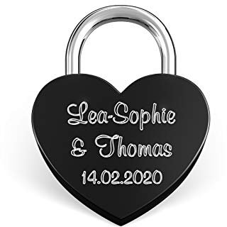 LIEBESSCHLOSS-FACTORY Kleines mini Herz-Schloss Schwarz mit Gravur und Schlüssel, gratis Geschenkbox uvm. Jetzt graviertes Liebes-Schloss in Herzform gestalten!