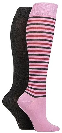 SockShop Bamboo Knee High Socks - Womens Long Socks in Plain and Striped Designs, Fun, Fashionable in Bright Colours, Soft and Breathable for Comfort, Pack of 2 Pairs Size 4-8 Smokey Pink Stripe 4-8