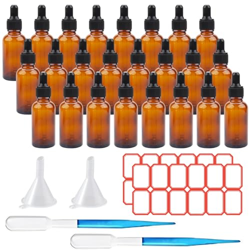 SuQurtom 24 x 30ml Amber Dropper Bottle, Eliquid Pipette Ear Dropper Bottles with Dropper Pipette, Funnels and Labels, Empty Refillable Sample Container for Essential Oil, Perfumes, Aromatherapy