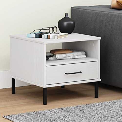 FIRBNUS Nachttisch mit Metallbeinen Weiß Massivholz Kiefer OSLO Tisch Wohnzimmer Couchtisch Nachttisch Moderne Nachttisch Schubladen Couchtisch Wohnzimmer Couchtisch Nachttisch