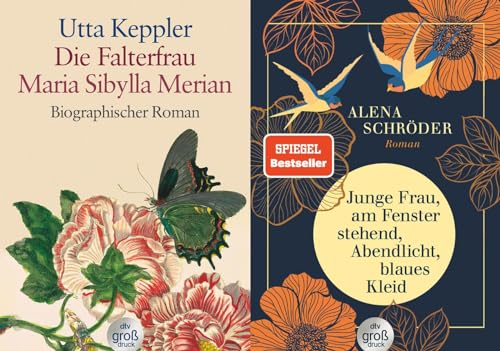 2 Titel im Großdruck: Die Falterfrau + Junge Frau, am Fenster stehend, Abendlicht, blaues Kleid + 1 exklusives Postkartenset