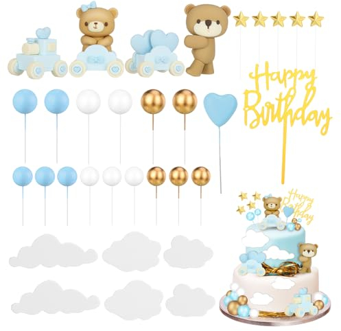 Radsocken Bear Cake Decoration, Teddy Bear Happy Birthday Cake Topper, Baby Star Heart Cake Decoration, DIY Cake Decoration, Wedding Anniversary, Birthday, Baby Shower(Blue)